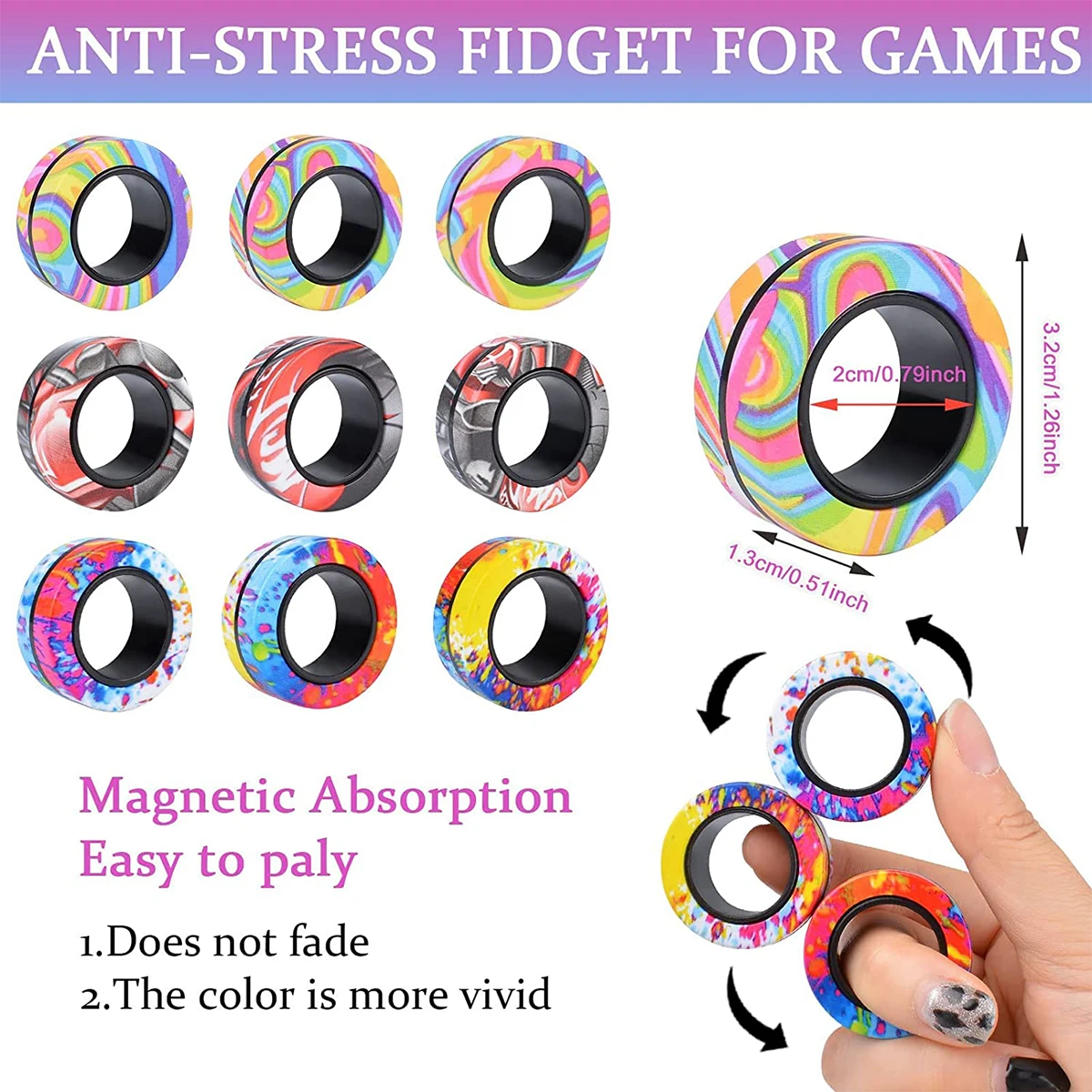 3Pcs Magnetic Rings Fidget Toy Set Adult Fidget Magnets Spinner Rings Fidget Pack Great Gift for Adults Teens Kids - Image 2
