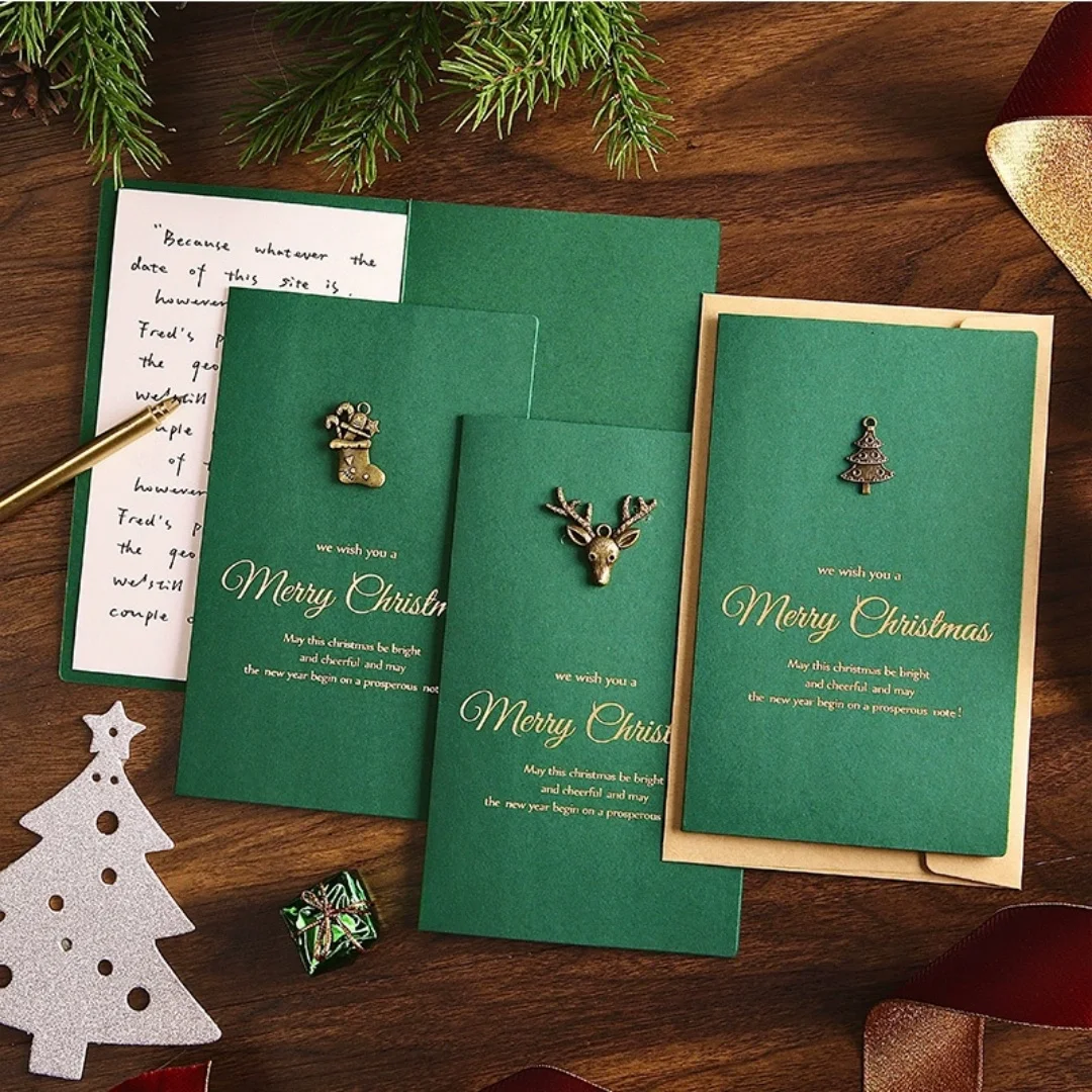 Retro Gold Embossed Chrismas Card Greeting Cards Merry Xmas Party Invitations Letter Greeting Cards With Envelope Holiday Gift - Image 2